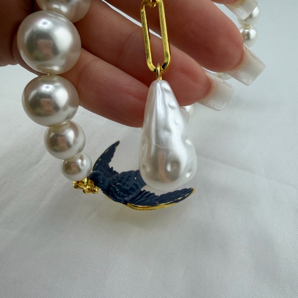 Anthropologie Blue Swallow Pearl Statement Necklace Gold Accent - Picture 8 of 14